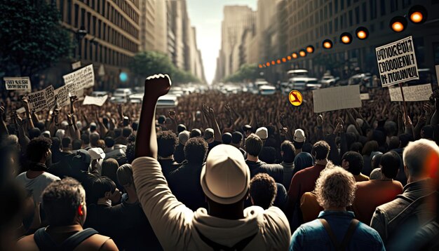 Protestando multitud de personas en las calles de la ciudad con el puño levantado vista trasera marcha de protesta nacional contra la guerra