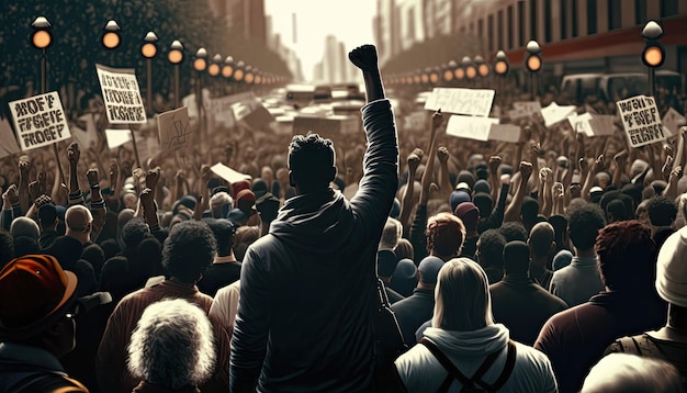 Protestando multitud de personas en las calles de la ciudad con el puño levantado vista trasera marcha de protesta nacional contra la guerra