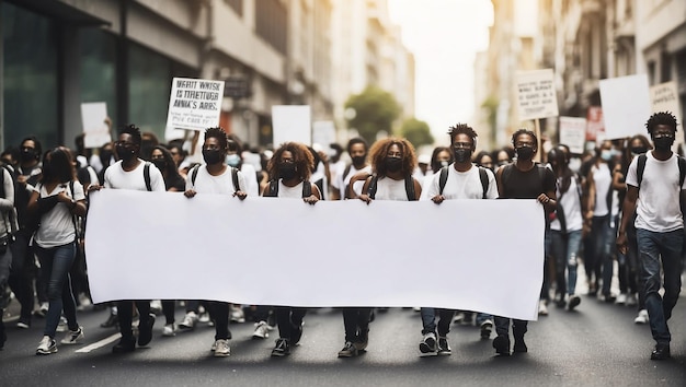 Protestantes marchando en la calle sosteniendo una pancarta blanca con espacio para copiar