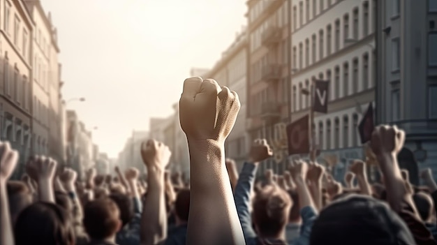 Foto protestierende menschenmenge auf der stadtstraße mit erhobener faust. generative ki