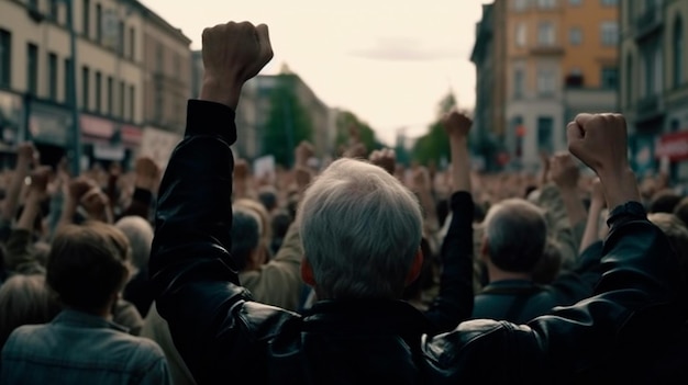 Foto protestierende menschenmenge auf der straße der stadt mit erhobener faust rückansicht nationaler protestmarsch gegen den krieg gegen die rückansicht der regierung protestierende arbeiter auf der straße schreien parolen generative ki