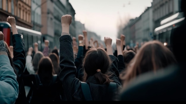 Protestierende Menschenmenge auf der Straße der Stadt mit erhobener Faust Rückansicht Nationaler Protestmarsch gegen den Krieg gegen die Rückansicht der Regierung Protestierende Arbeiter auf der Straße schreien Parolen Generative KI