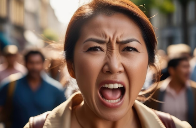 protestos ativistas contra a violação de direitos jovem manifestante asiática zangada gritando na rua