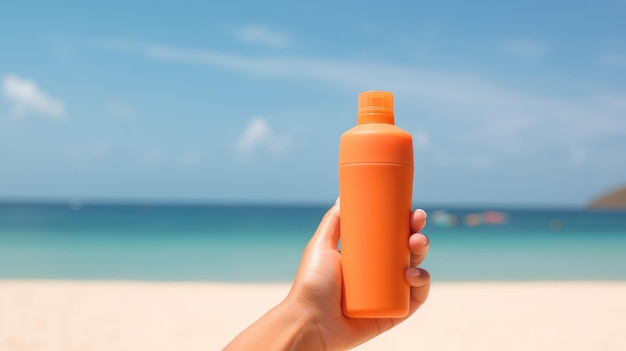 Protetor solar para pele de piscina e mar Garrafa de plástico com proteção solar Spf Generative AI