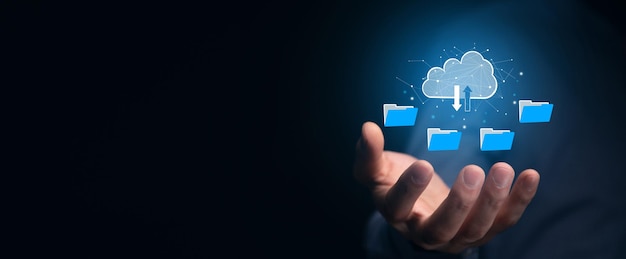 Protocolo de transferencia de archivos o sistema digital FTP para transferir documentos Receptor de archivos y copia de seguridad de la computadora Concepto de sistema de computación en la nube