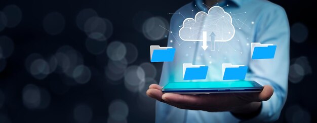 Protocolo de transferencia de archivos o sistema digital FTP para transferir documentos Receptor de archivos y copia de seguridad de la computadora Concepto de sistema de computación en la nube