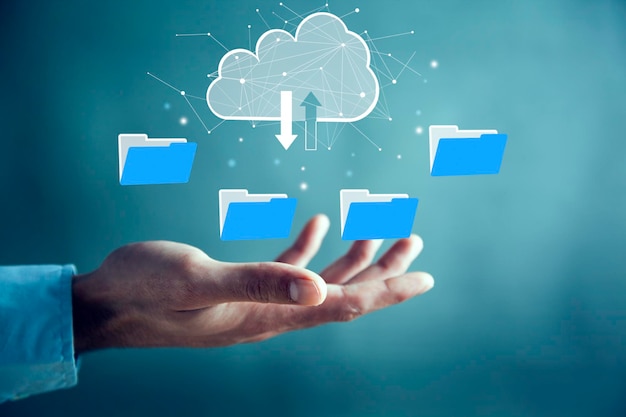 Protocolo de transferencia de archivos o sistema digital FTP para transferir documentos Receptor de archivos y copia de seguridad de la computadora Concepto de sistema de computación en la nube