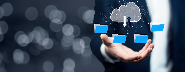 Protocolo de transferencia de archivos o sistema digital FTP para transferir documentos Receptor de archivos y copia de seguridad de la computadora Concepto de sistema de computación en la nube