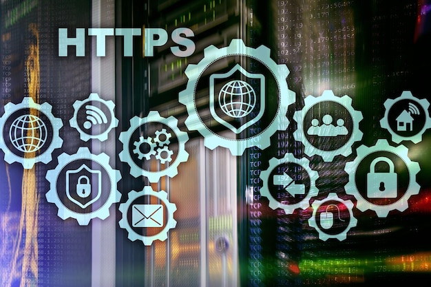 Foto protocolo de transporte de hipertexto https concepto de tecnología segura en el fondo de la sala del servidor icono virtual para el servicio web de seguridad de la red