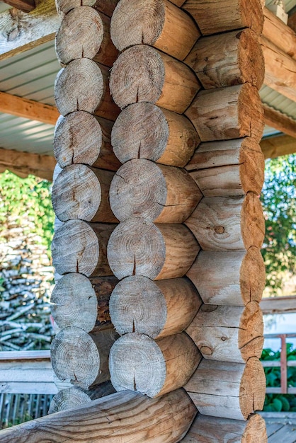 Protokolle eines Holzhauses Das Haus besteht aus Holz Wand aus Holzstämmen Closeup Bild