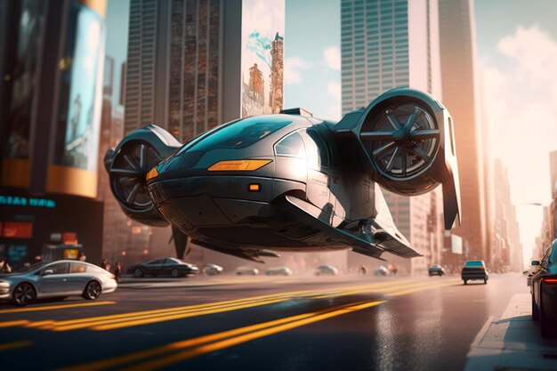 Prototipo de automóvil volador avanzado y futurista Ilustración del concepto de IA generativa