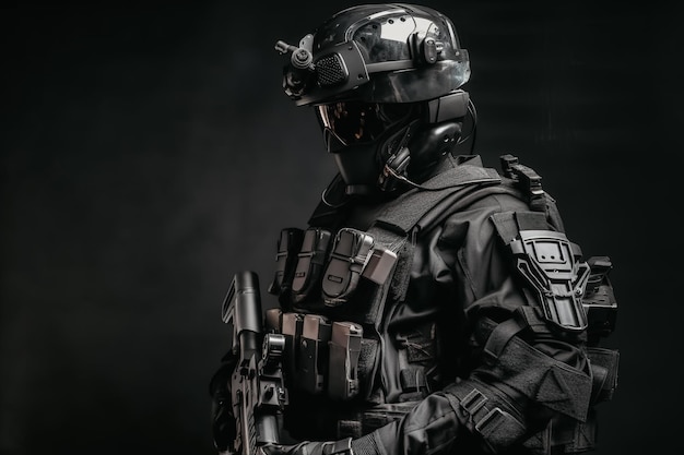 Un prototipo de un moderno uniforme de policía militar negro para unidades especiales