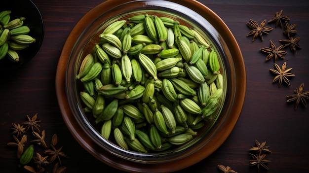 Foto prototipo de primer plano de un frasco de vidrio lleno de polvo de cardamomo verde