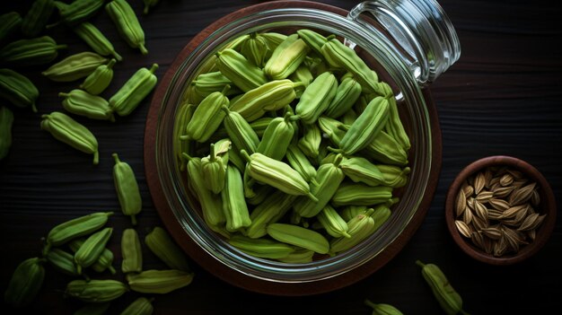 Prototipo de primer plano de un frasco de vidrio lleno de polvo de cardamomo verde