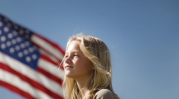 Proud blonda chica estadounidense por bandera de los Estados Unidos bandera americana o la bandera de los EE.UU. con hermosa