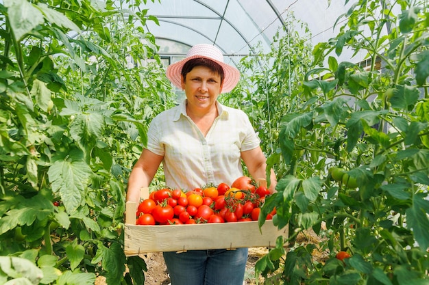 Proud mujer propietaria de una granja que muestra en la cámara verduras orgánicas maduras cosechadas en su