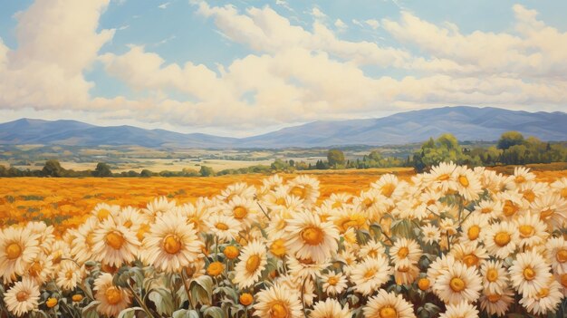 Provence-Morgen-realistische Landschaftsmalerei des blühenden Feldes der Gänseblümchen