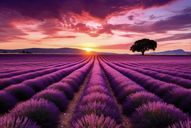 Provence Pôr-do-sol de verão Bela paisagem de campo de lavanda no planalto de Valensole Sul da França