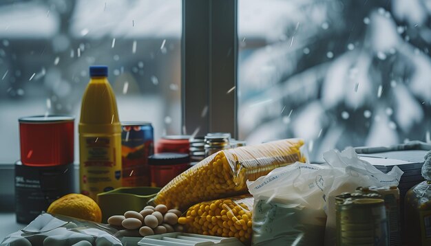 Foto provisiones de emergencia para el invierno en una mesa