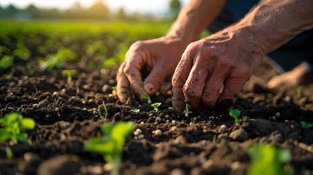 Próximo de mãos plantando mudas no solo ao pôr-do-sol conexão com a natureza terra viva sustentável nutrindo ia