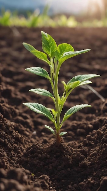 Foto próximo plano de uma planta jovem a crescer no solo com um fundo natural