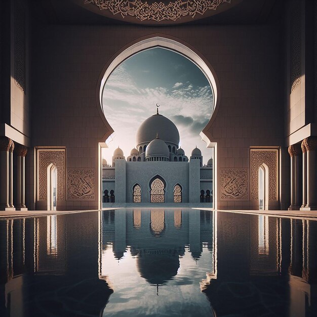 Próximo plano piscina refletora espelhando porta da mesquita e céu simbolizando tranquilidade