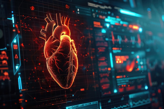 Una proyección holográfica de un corazón humano mostrada con equipos de monitoreo médico de alta tecnología que representan diagnósticos avanzados de cardiología holograma cardíaco digital de cardiología médica de salud