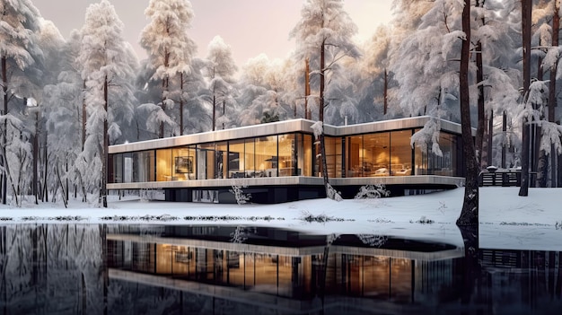 El proyecto de una casa moderna en el bosque invernal del norte junto al lago generó IA