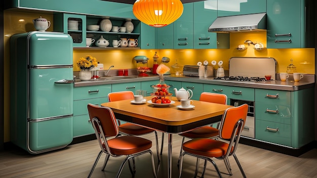 proyecto de cocina al estilo de los años 60 con diseño retro en el interior de una casa de campo