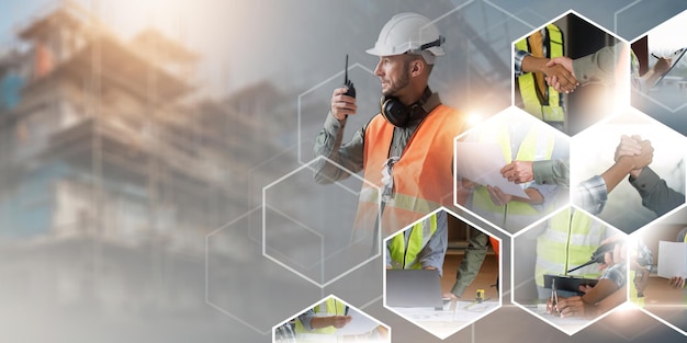 Proyecto de construcción de ingeniero de construcción en equipo con arquitecto o trabajador de construcción que trabaja con tecnología de equipos modernos Concepto de trabajo en equipo de ingeniero de construcción