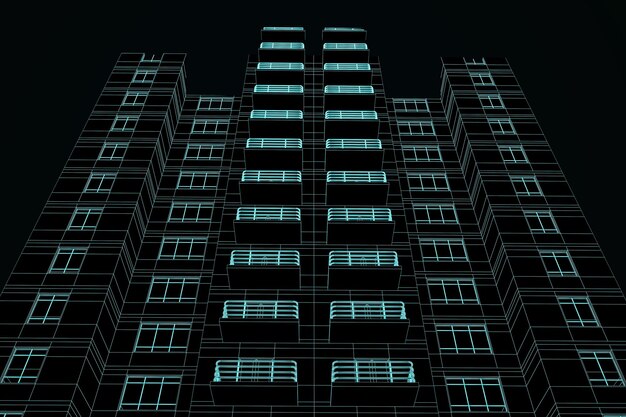 Proyecto de construcción lineal abstracto sobre fondo negro Construcción de arquitectura y concepto de plano Representación 3D