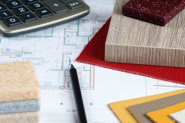 Proyecto interior con muestras de materiales, lápiz y calculadora.