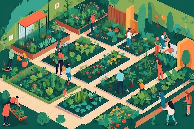 Proyecto de jardín sostenible Ilustración vectorial plana de estudiantes que colaboran