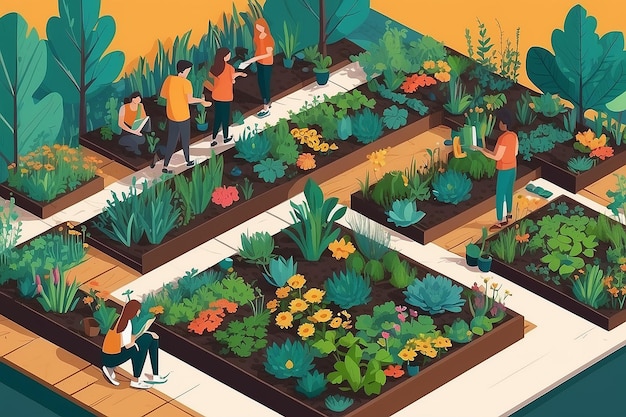 Proyecto de jardín sostenible Ilustración vectorial plana de estudiantes que colaboran