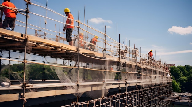 un proyecto de reparación de puentes en curso con andamios y redes de seguridad en su lugar