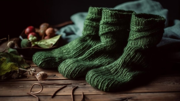 Proyecto de tejido hecho a mano de tejer calcetines verdes en curso Acogedor ambiente hogareño con mesa de madera