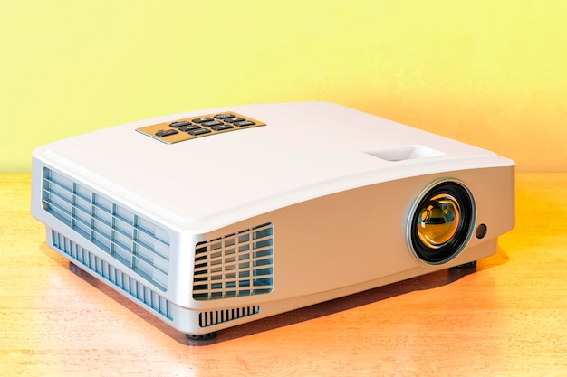 Proyector en la mesa de madera renderización 3D
