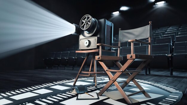 Foto proyector de películas y silla de directores de películas en un lugar oscuro renderización 3d