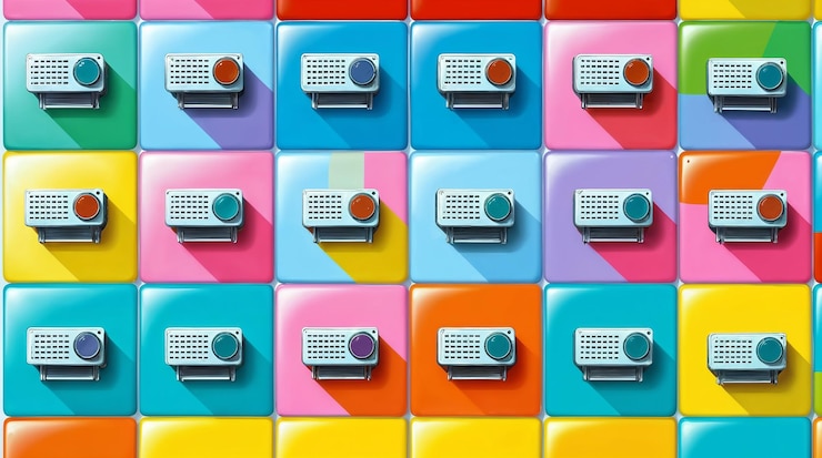 Foto proyectores de colores en azulejos cuadrados