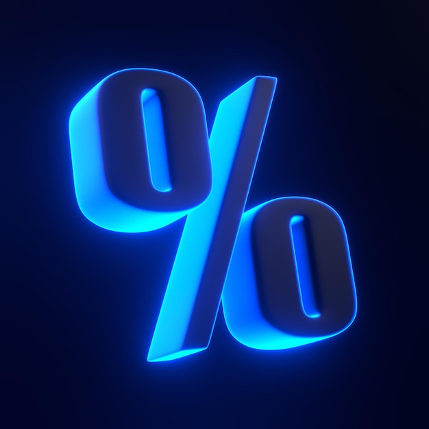 Prozentsatzsymbol mit hell leuchtenden futuristischen blauen Neonlichtern auf schwarzem Hintergrund 3D-Rendering