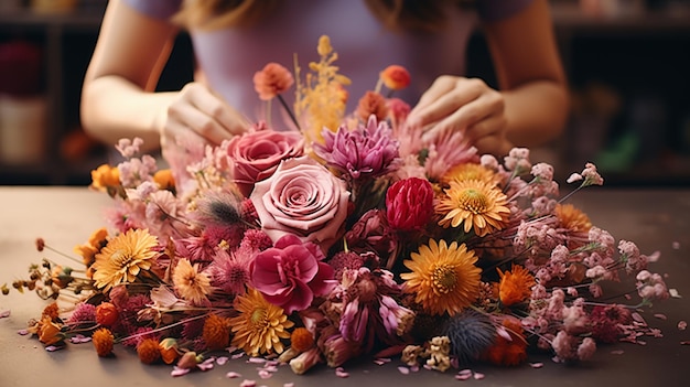 Foto prozess der herstellung von blumen-türkrans mit farbenfrohen