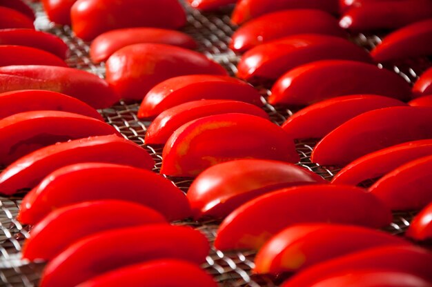 Prozess der Zubereitung von getrockneten Tomaten, Bild des Ofens mit getrockneten Tomaten.