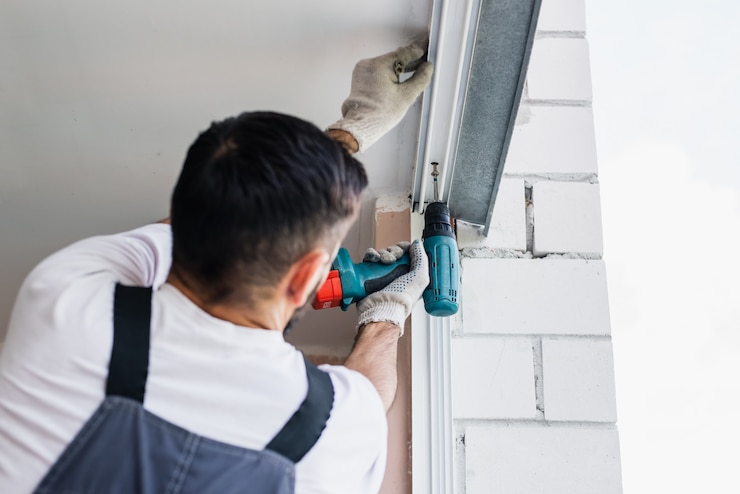 Foto prozess des mannes, der schraubenzieher verwendet. arbeiter macht die installation von fenster