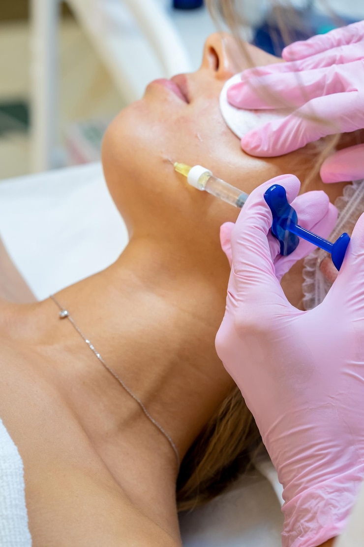 Foto prp ttherapy en la clínica de belleza cosmetólogo irreconocible haciendo inyecciones de plasma sanguíneo a las mujeres cara para curar problemas de piel