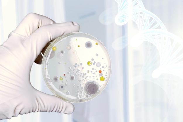 Foto prueba de laboratorio de microbiología en la mano del científico en el fondo