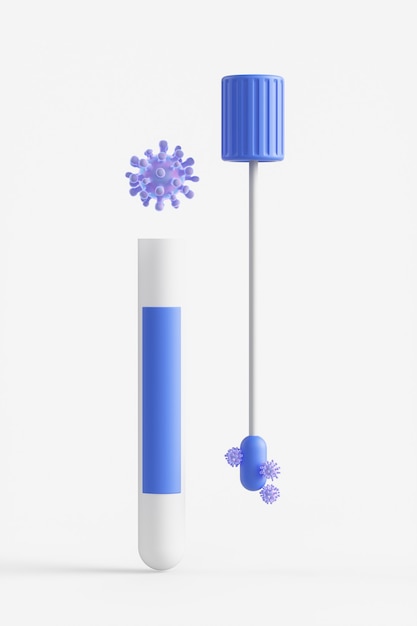 Prueba de pcr de coronavirus COVID-19 aislada sobre fondo blanco. Ampolla azul con un hisopo en la nariz. Ilustración de renderizado 3D.