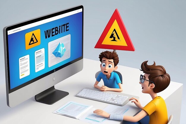 Prueba de sitio web 3d advertencia de error personas examinando el sistema operativo accidente en la página web