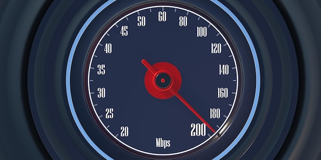 Foto prueba de velocidad de internet de 200 mbps en la ilustración 3d de la vista de primer plano del velocímetro del automóvil