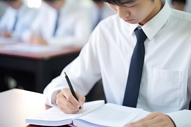 Prüfungsteilnehmer in einheitlichem Schreiben auf Papier in einem Klassenzimmer