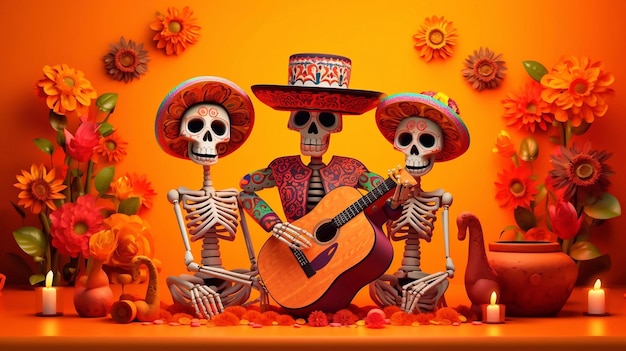 PSD Editável Dia dos Mortos ou Dia de los Muertos Design de Cartaz com Esqueleto Tocando Guitarra